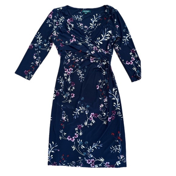 Lauren Ralph Blue Purple Faux Wrap 3/4 Sleeve Jersey Stretch Sheath Dress Sz 8 - Picture 3 of 11